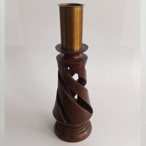 Mid Century Modern Turned Wood Teak Candle Holder with Brass Top Danish Style
